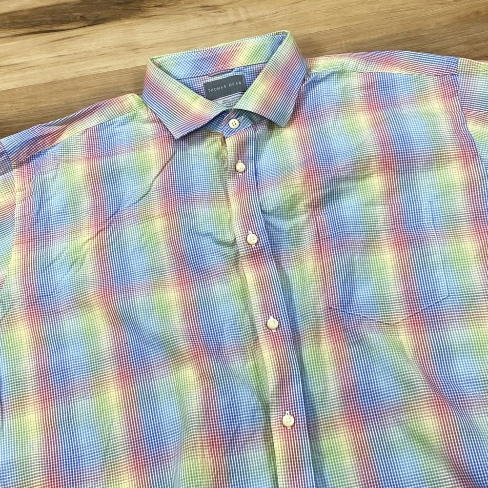 Thomas Dean Shirt Mens XL Rainbow Ombre Cotton Short‎ Sleeve Button Down Multi